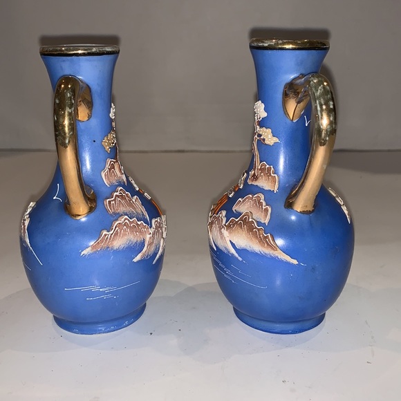 1920s Japan Hand-painted Gaudy Blue Willow Moriage & Gold Porcelain Vases/tray - Picture 6 of 12